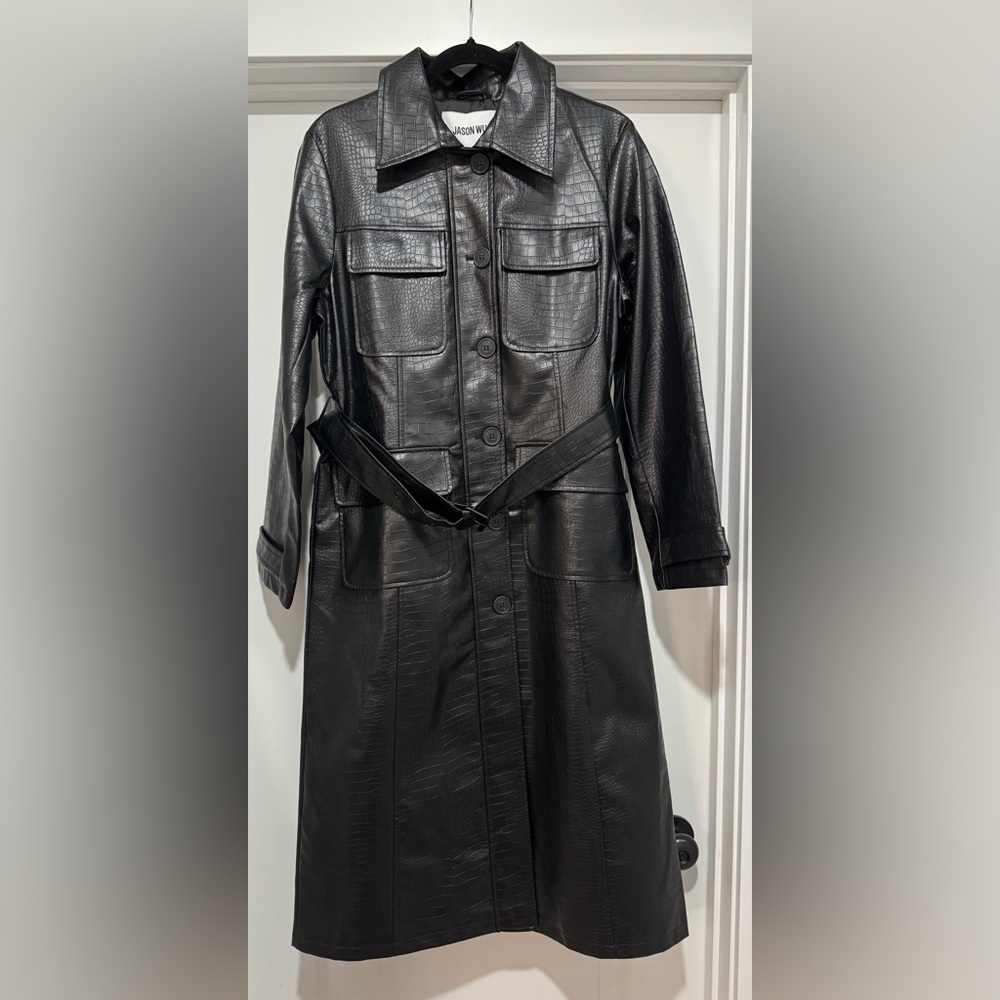 NWT Jason Wu Faux Croc-Embossed Black Belted Trench Coat Size M